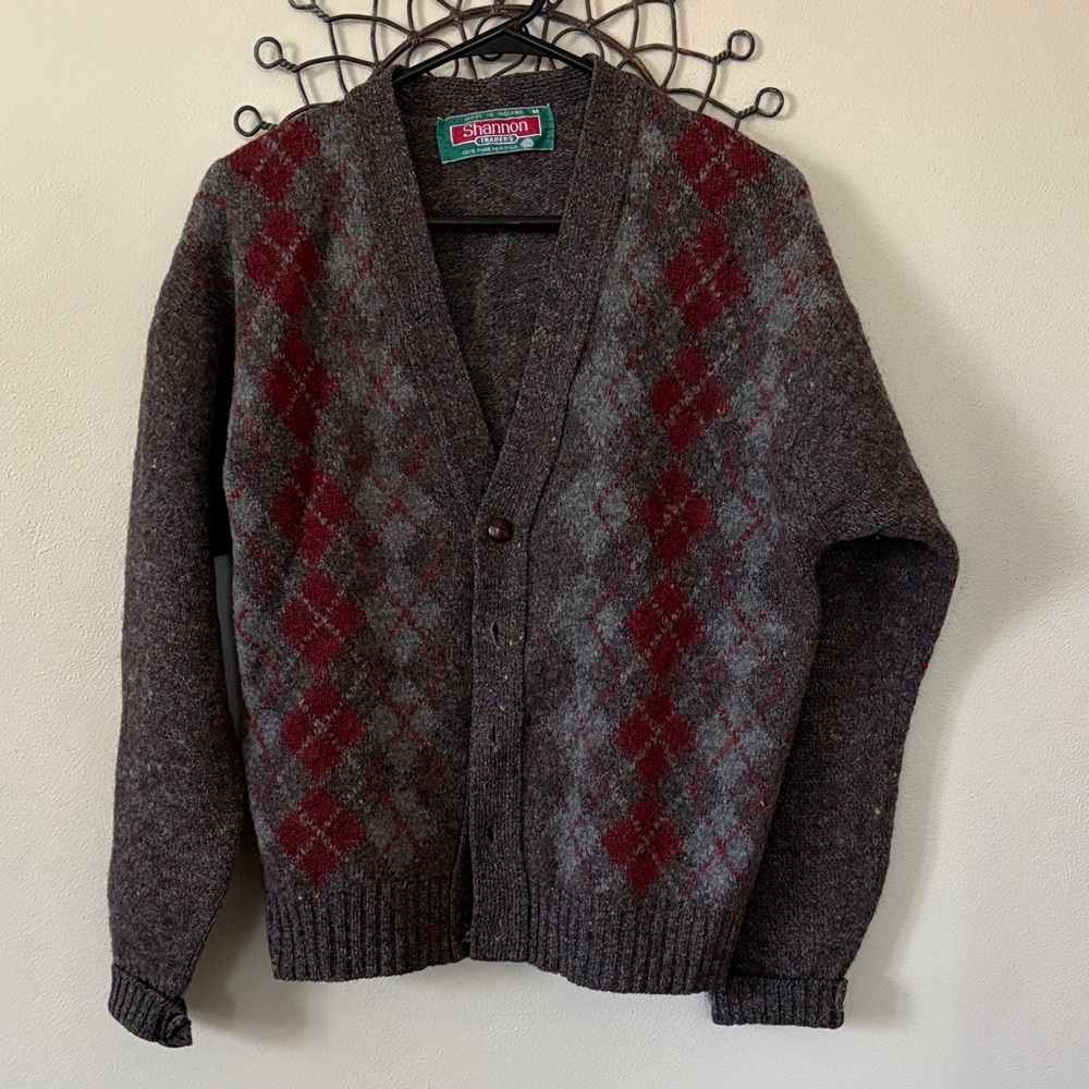 Vintage wool Men’s Brown Cardigan with Burgundy Argyle Panels